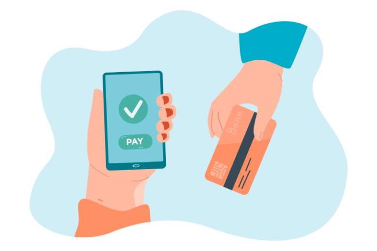 Hands holding credit card and mobile phone with banking app