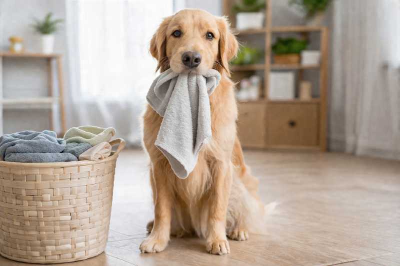 Dog doing laundry
