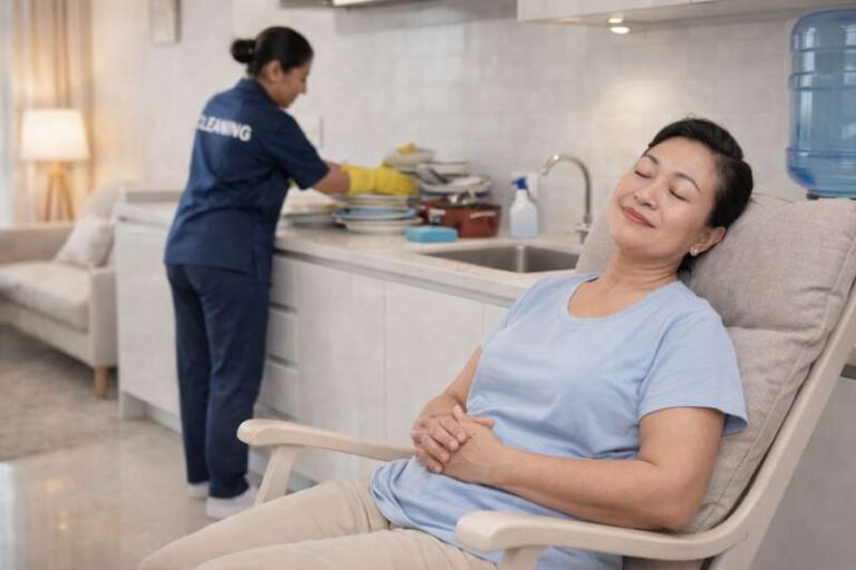Lady relaxes while someone cleans